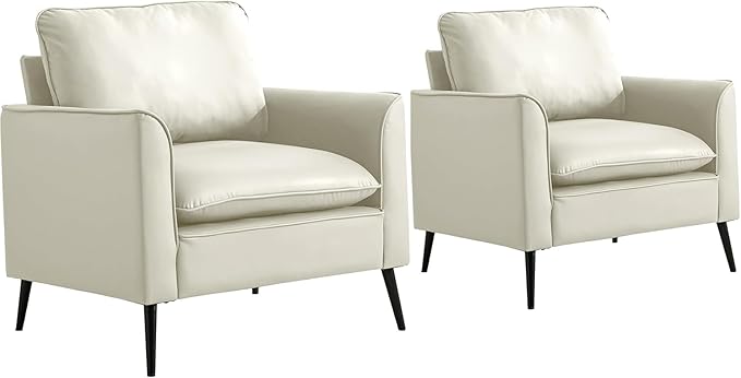 YISHENG Mid-Century Modern Living Room Accent Chairs Set of 2 - Oversized Faux Leather Armchairs with Removable Cushions &amp Metal Legs Comfortable Sofas for Office/Lounge/Bedroom/ReceptionCream