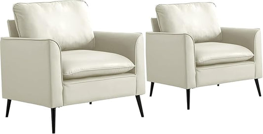 YISHENG Mid-Century Modern Living Room Accent Chairs Set of 2 - Oversized Faux Leather Armchairs with Removable Cushions &amp Metal Legs Comfortable Sofas for Office/Lounge/Bedroom/ReceptionCream