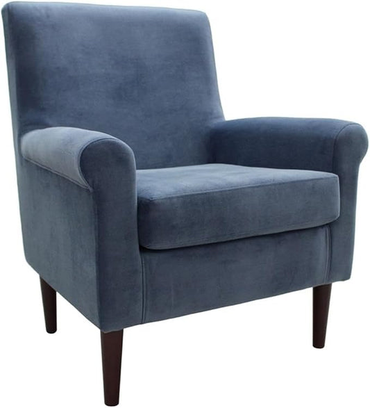 Pemberly Row Rolled Arm Lounge Chair 35 H x 28 W x 30 D Fabric Upholstery Blue Finish Contemporary Accent Chair for Living Room or Bedroom