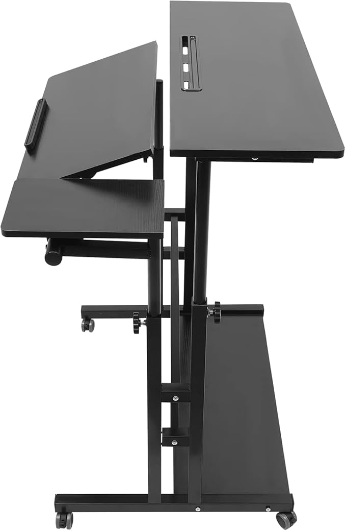 Mobile Stand Up Desk Adjustable Laptop Desk with Wheels Storage Rolling Table Cart for Standing or Sitting for Home Office Workstation Black 31.5 * 11.81