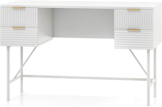 Giantex Modern Desk with 4 Drawers 48 Inch Computer Desk with Storage Heavy-Duty Gold Metal Frame Makeup Vanity Dressing Table White and Gold Desk for Bedroom Study Home Office
