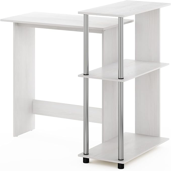 Furinno Abbott Corner Computer Desk with Bookshelf White Oak/Chrome