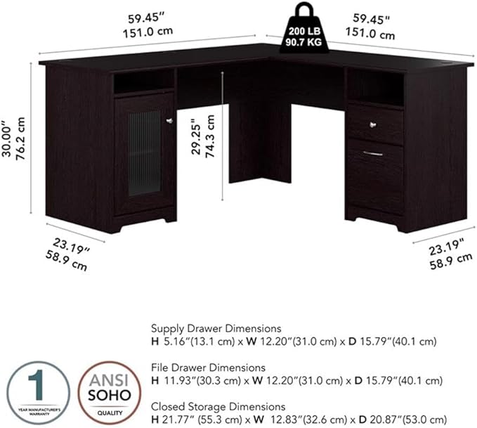 BOWERY HILL L Shaped Engineered Wood Computer Desk 60W x 60D x 30H Espresso Oak Finish Built-in Wire Management Storage Cabinet with Fluted Glass Door File Drawer Home Office Desk