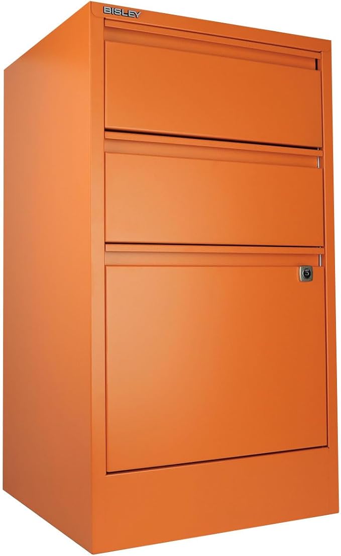 3-Drawer Flush Front Vertical File Cabinet - Bisley Orange 2 Utility Drawers + 1 Hanging File Drawer Powder-Coated Steel Locking Bottom Drawer by Bisley