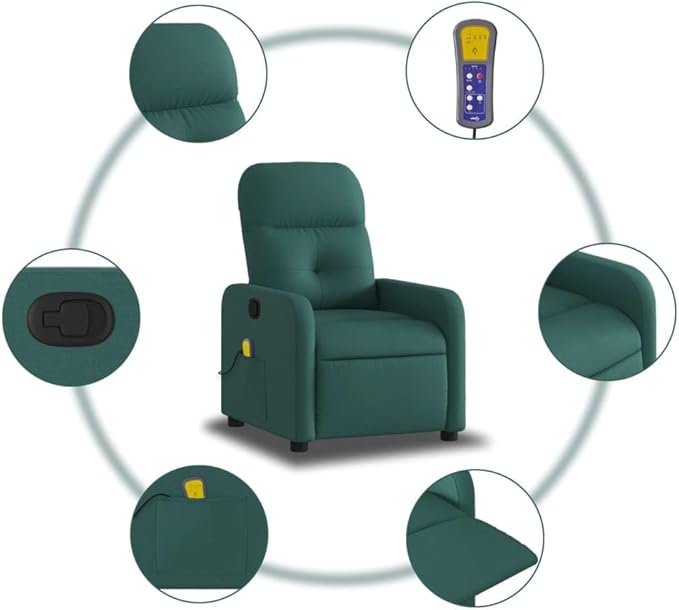 vidaXL Dark Green Massage Recliner Chair - Fabric Upholstered Manual Reclining Armchair with Vibration Massage Side Pocket and Sturdy Frame for Living Room Lounge