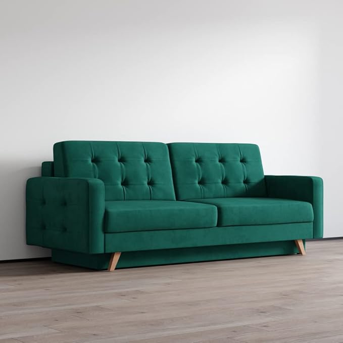 Meble Furniture Modern Mid-Century Sleeper Sofa — Queen Size Convertible Bed — Spacious Under-Seat Storage 85.5 x 36.5 x 34.5 inches — Dark Green | Versatile Sleeper Durable Hardwood Comfortable Pl