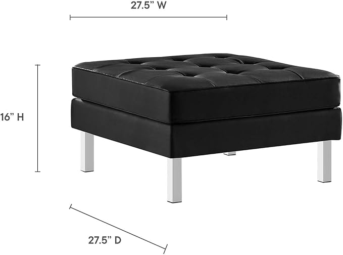 Modway Loft Tufted Button Faux Leather Upholstered Square Ottoman in Silver Black