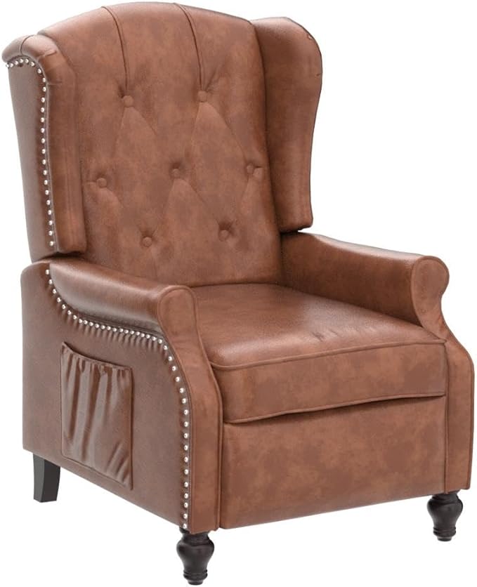 Wingback Recliner Chair with Heat and Massage PU Leather Push Back Recliner Chair for Living Room Vintage Wingback Recliner with Remote ControlPadded CushionBackrestWooden Legs