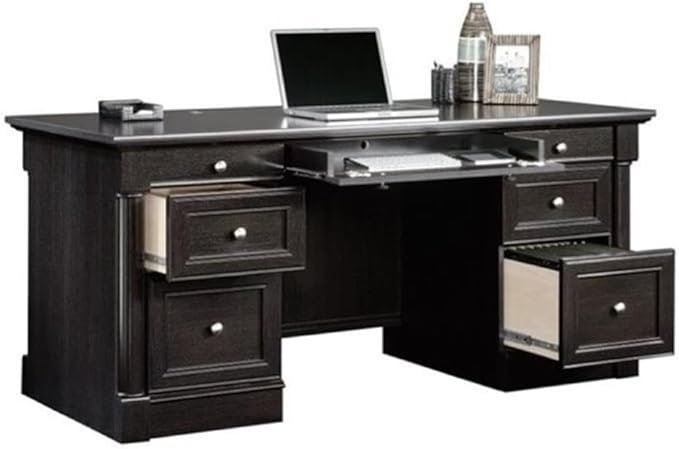 BOWERY HILL Executive Desk Wind Oak Finish 65.1 in Wide Spacious Desk Surface 6 Drawers with File Storage Cord Management System Durable Wood Home Office Desk for Workspace Organization