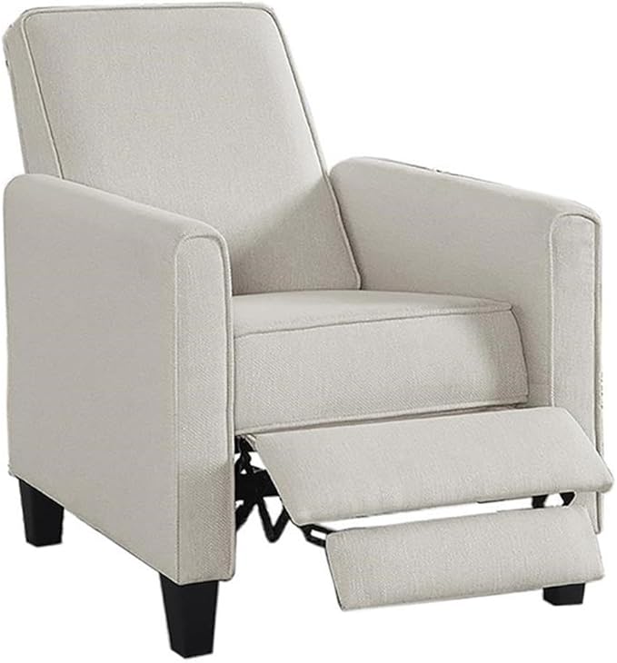 BOWERY HILL Transitional Fabric Push Back Chair Beige Linen 27 W x 34 D x 36.5 H Rounded Track Arms Tapered Dark Finish Legs Recliner Accent Chair for Living Room or Sitting Area