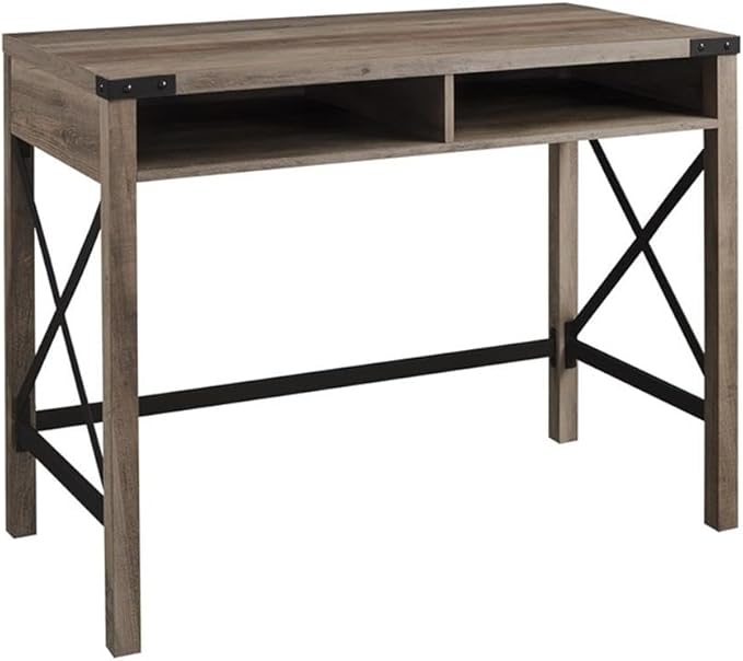 UrbanPro 42 Farmhouse Metal and Wood Desk Gray Wash Finish 31 H x 42 W x 20 D Rustic Writing Desk with Storage Cubbies Cord Management Industrial Style Home Office Furniture