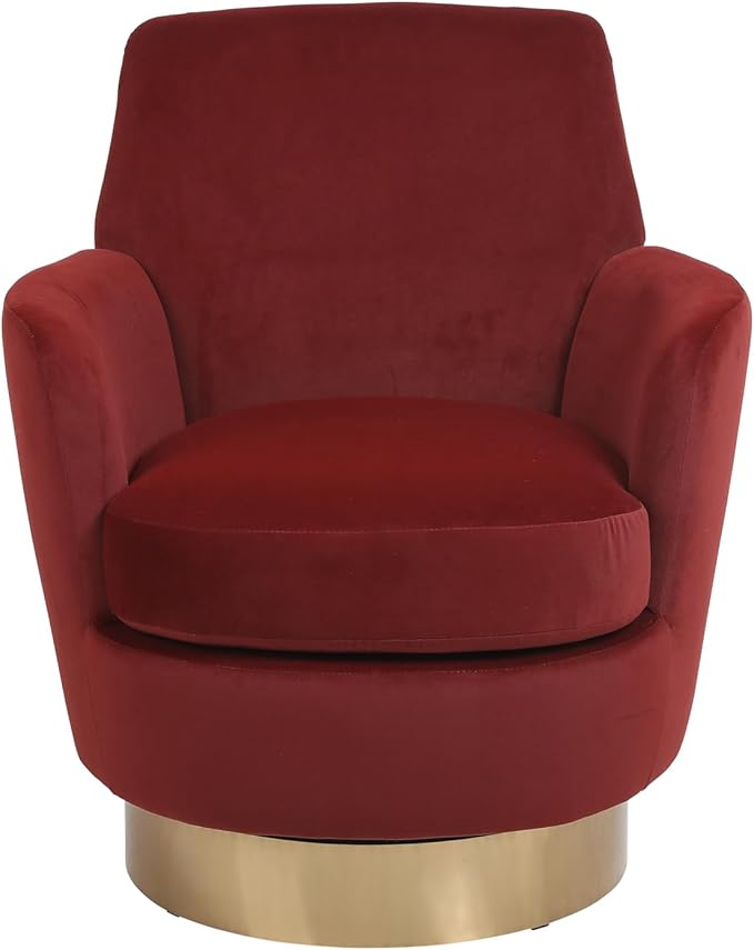 Velvet Swivel Barrel Chair Reading Armchair for Living Room &amp Bedroom Comfy Accent Chair with Gold Stainless Steel Base (Brownish Red)