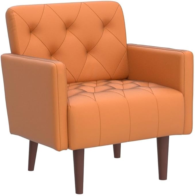 Faux Leather Accent Chair Modern Retro Arm Chair for Living Room and Bedroom Tufted Upholstered Sofa Club Chair Comfy Armchair for Small Spaces Bedroom Office (Orange)