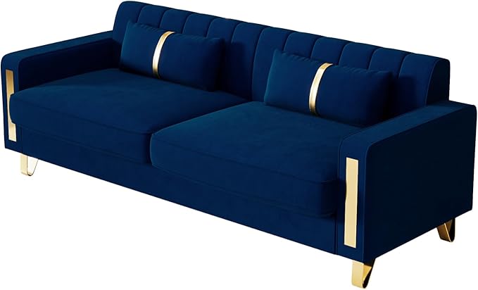 85.63 Modern Blue Velvet Sofa with Gold Metal Legs Large Upholstered Mid Century Modern Comfy 3 Seater Dark Blue Couches for Living Room (Blue)