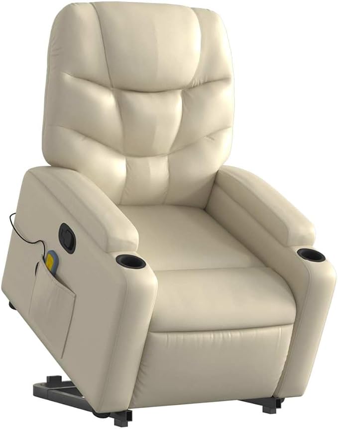 vidaXL Cream Faux Leather Power Lift Massage Recliner | Electric Standing Armchair for Elderly with Cup Holders and USB