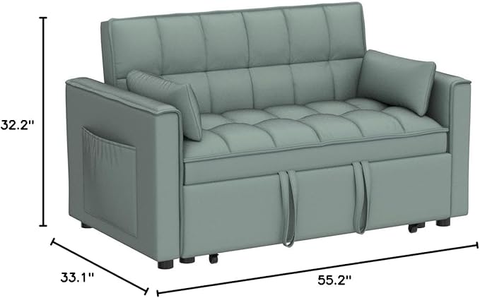Velvet Pull Out Sleeper Sofa Bed Convertible Futon Couch Bed with Adjustable Backrests 3 in 1 Modern Loveseat with 2 Pockets and Pillows Small Love Seat for Living Room Guest Room Teal Grey