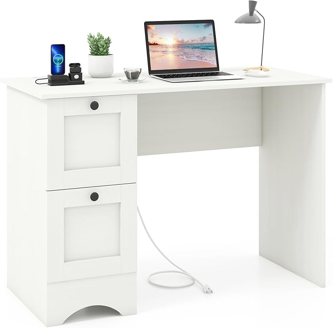 Tangkula White Desk with Drawers &amp Charging Station Wooden Home Office Desk PC Laptop Notebook Desk Compact Study Desk Writing Desk Computer Workstation Ideal for Home &amp Office