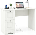 Tangkula White Desk with Drawers &amp Charging Station Wooden Home Office Desk PC Laptop Notebook Desk Compact Study Desk Writing Desk Computer Workstation Ideal for Home &amp Office