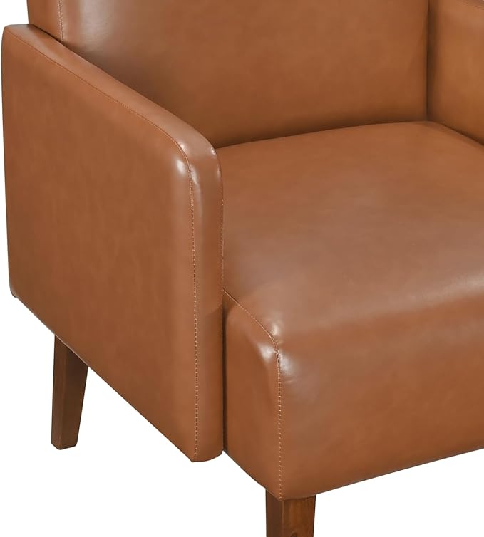 Mid-Century Modern Accent Chair Brown Faux Leather Walnut Finish Living Room Seating