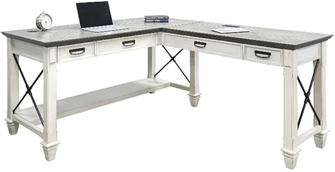 Martin Furniture Hartford Contemporary L-Shaped Wood Desk with 2 Utility Drawers Easy Assemble in Weathered White Finish