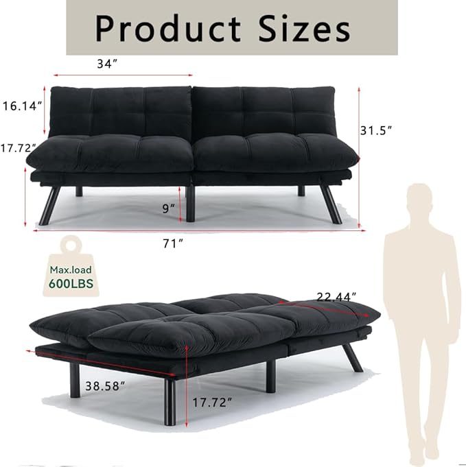 71 Velvet Futon Sofa Bed Modern Convertible Futon Sofa Bed Couch Adjustable Armrests and Backrest Sofa Sleeper for Living Room Small Space Apartment Office