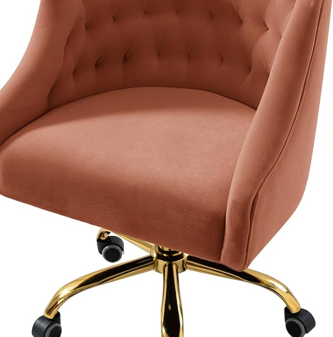Velvet Office Chair with Gold Base Modern Cute Desk Chair Comfortable Adjustable Swivel Task Chair for Home Office Living Room Bedroom Vanity Study Coral