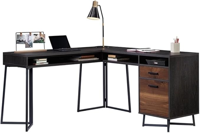 Pemberly Row Contemporary L-Shaped Computer Desk Engineered Wood and Metal Brew Oak Finish 57.48 in W 2 Drawers Cubbyhole Storage Cord Management Home Office Workstation