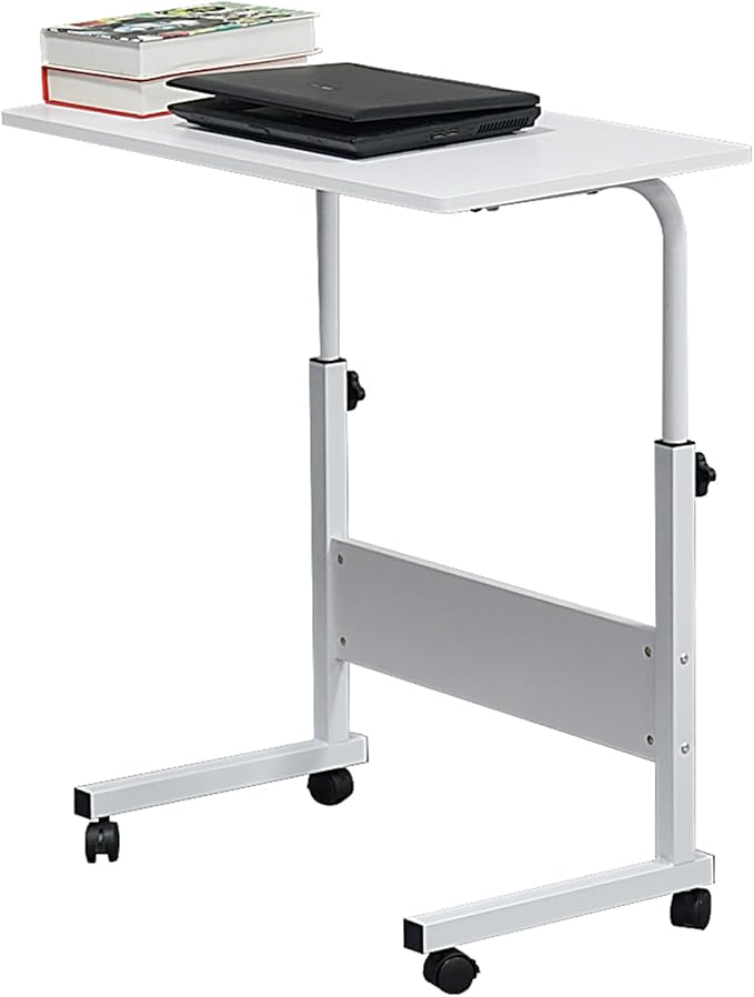 Mobile Height Adjustable Laptop Stand Computer Workstation for Sitting Classroom Medical Table w/Wheels Removable Steel Side Table with Baffle for Couch Home Office White L