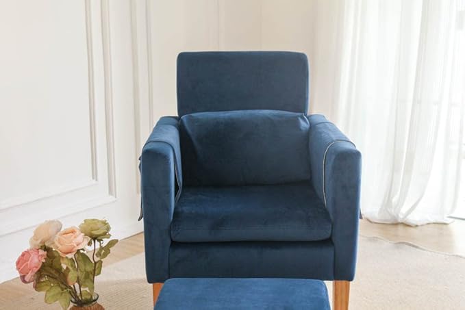 TAKUKA Modern Accent Chair with Ottoman SetComfy Velvet Fabric Armchair with Footrest Upholstered Chair with Side Pocket Soft Reading Lounge Chair for Living RoomBedroomOffice (Velvet Blue)