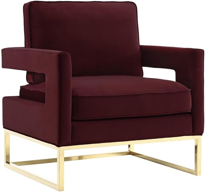 TOV Furniture The Avery Collection Modern Style Living Room Den Leather Upholstered Armchair with Gold Legs Maroon