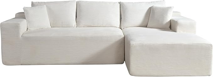Ridge 2-Piece Convertible Corduroy L-Shaped Sofa in a Box with Pillows 3-Seater Modular Sectional Couch Compressed Living Room Furniture Beige (Right Facing)