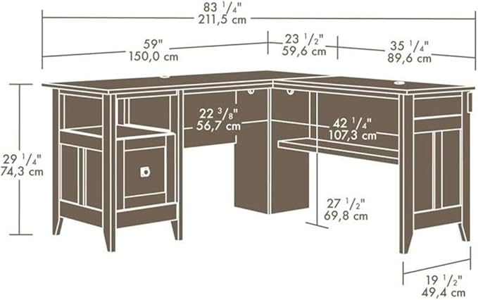 Pemberly Row L-Shaped Desk 59 x 58.75 x 29.25 in Manufactured Wood Dover Oak and Slate Finish Cable Management File Drawer Lower Shelf Transitional Style Home Office Desk