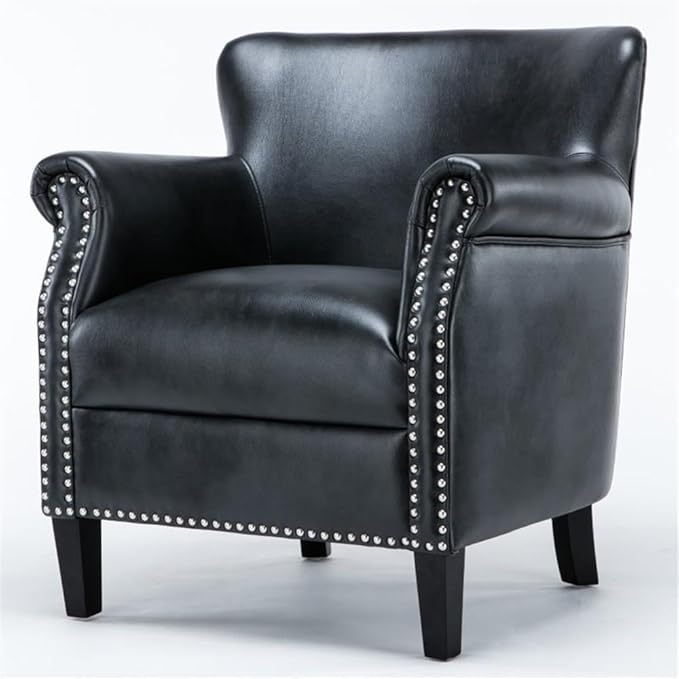 Pemberly Row Contemporary Accent Chair Charcoal Faux Leather Upholstery Sturdy Wood Frame Nailhead Trim Solid Wood Legs No Assembly Required Living Room or Office Club Chair