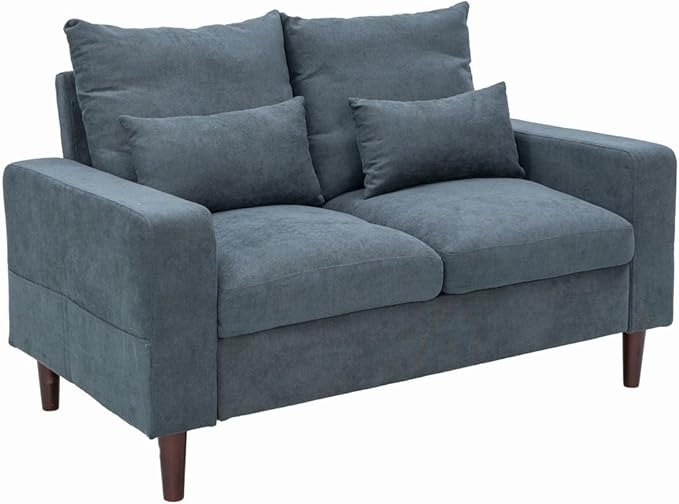 Panana Upholstered Modern Loveseat Sofa Couch for Living Room Fabric Love Seat w/ 2 Pillows and Wooden Legs 2 Seater Sofa Couches for Small Spaces Bedroom Apartment (Grey 2 Seater)