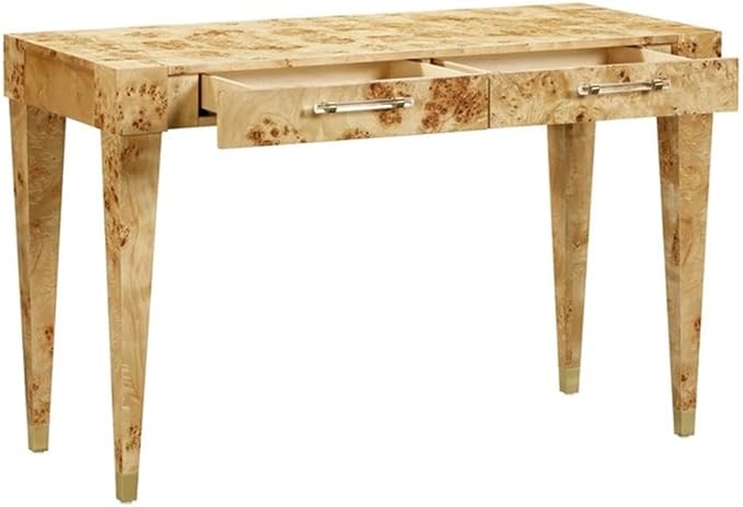 Pemberly Row Contemporary Acacia Burl Work Desk Natural Finish Handmade Furniture Brass Tipped Legs Fully Finished Back Rustic Home Office Desk Textured Acacia Wood