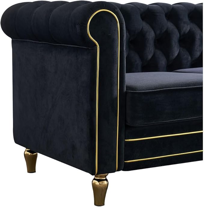 KEVINSPACE 84.64 Velvet Sofa Couch Upholstered Button Tufted 3-Seater Sofa with Curved Armrest Modern Chesterfield Curved Sofa for Livingroom Bedroom Furniture ApartmentBlack