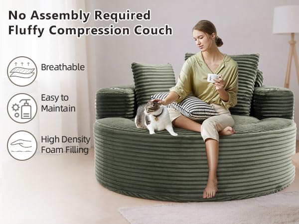 55 Green Oversized Round Boneless Couch Sofa Velvet Memory Foam Cloud Couches Lounge Chair Comfy Fluffy Single Sofa with 3 Pillows for Living Room Bedroom No Assembly Required (Green.)