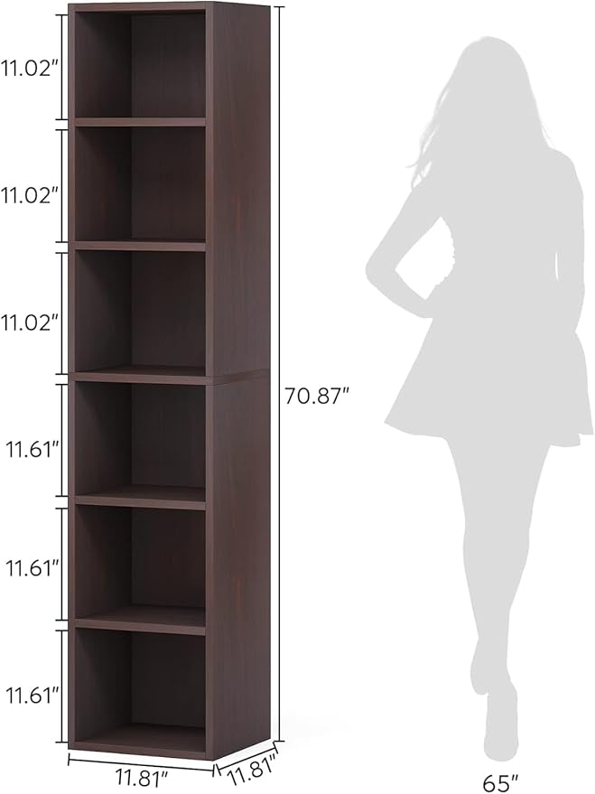 LITTLE TREE 70.9 Inch Tall Narrow Bookcase Set of 2 Modern Bookshelf 6 Tier Cube Display Shelf Storage Organizer for Small Space Brown