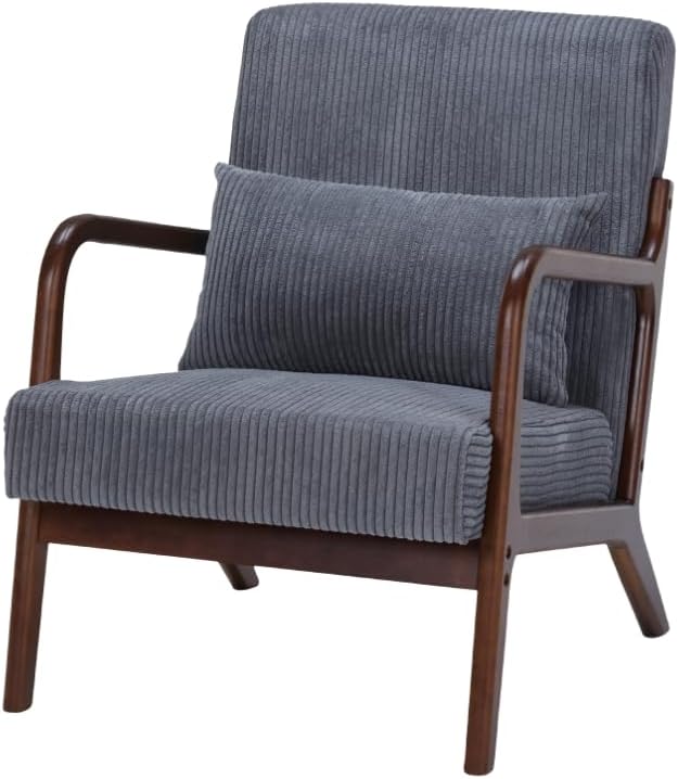 GDFStudio Aogex Accent Chair Upholstered Armchair Corduroy Club Chair Solid Wood Single Sofa Lounge with Armrest Comfort Seating with Lumbar Support for Reading Living Room Home Dark Gray+Walnut
