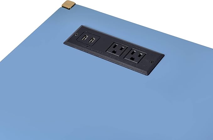 Penau Navy Blue and Gold Writing Desk Modern Office Desk with USB Ports Glossy Finish Rectangular Design 42.5In x 20.5In