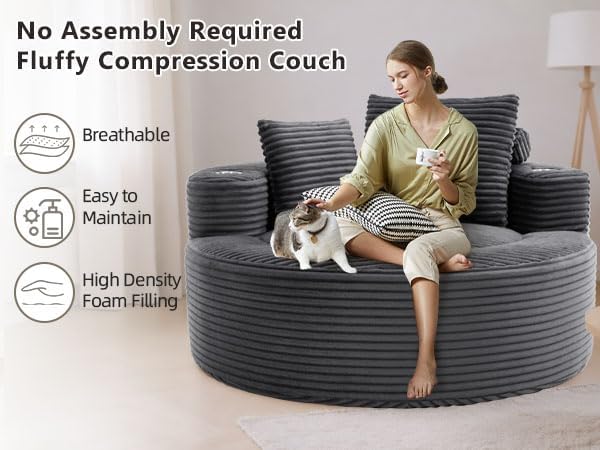 55 Oversized Round Boneless Couch Sofa Velvet Memory Foam Cloud Couches Lounge Chair Comfy Fluffy Single Sofa with 3 Pillows for Living Room Bedroom No Assembly Required (Grey +Velvet)