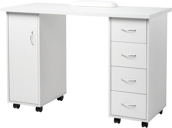 White Mobile Home Office Desk W/Cabinet &amp 4 Drawers Rolling PC Desks Table Computer Desk On Wheel Office Desk with Storage Shelves White Desk Mobile Training Table for Collaboration 120x54x81