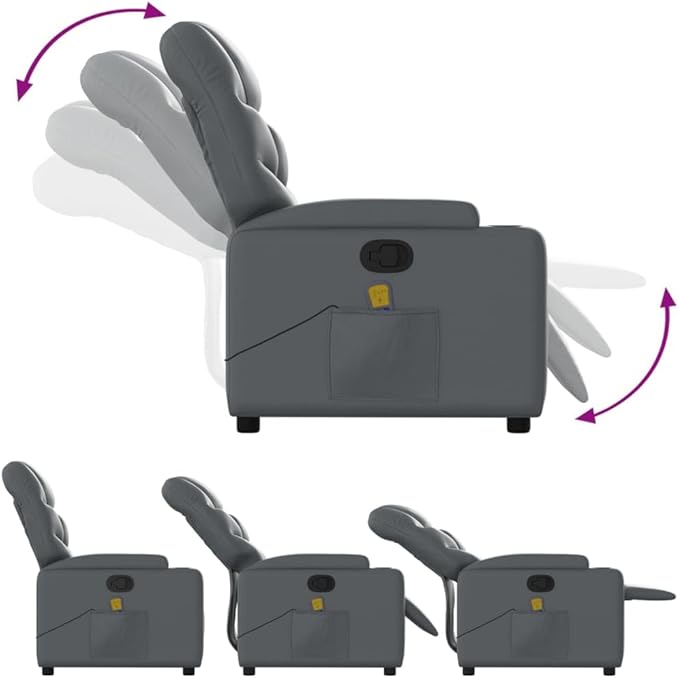 vidaXL Massage Recliner Chair - Gray Faux Leather Manual Reclining 6-Point Vibration Cup Holders Living Room Seating