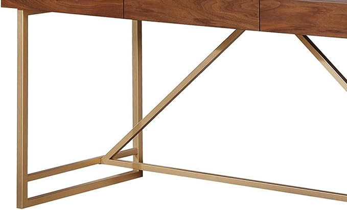 Maykoosh Modern Writing Desk with Drawers - Rustic Wooden Desk Stylish Home Office Furniture Walnut Brown &amp Gold Finish