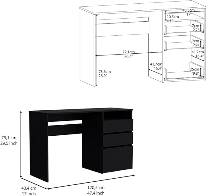 Kenai 3 Drawers Computer Desk Black Compact Storage Spacious Work Surface Modern Home Office