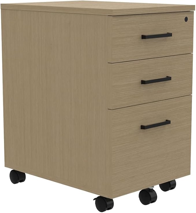 NBF Cortez Three-Drawer Mobile File Pedestal Storage with Lock - Modern Mobile File Cabinet for Document Storage - Pedestal Office Filing Cabinet with Wheels (Nordic Ash) 16.1 W