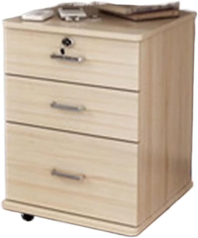 3 Drawer Wooden Office Cabinet File Storage Cabinet with Lock Floor Stand Wheel Design Movable File Organizer(E)