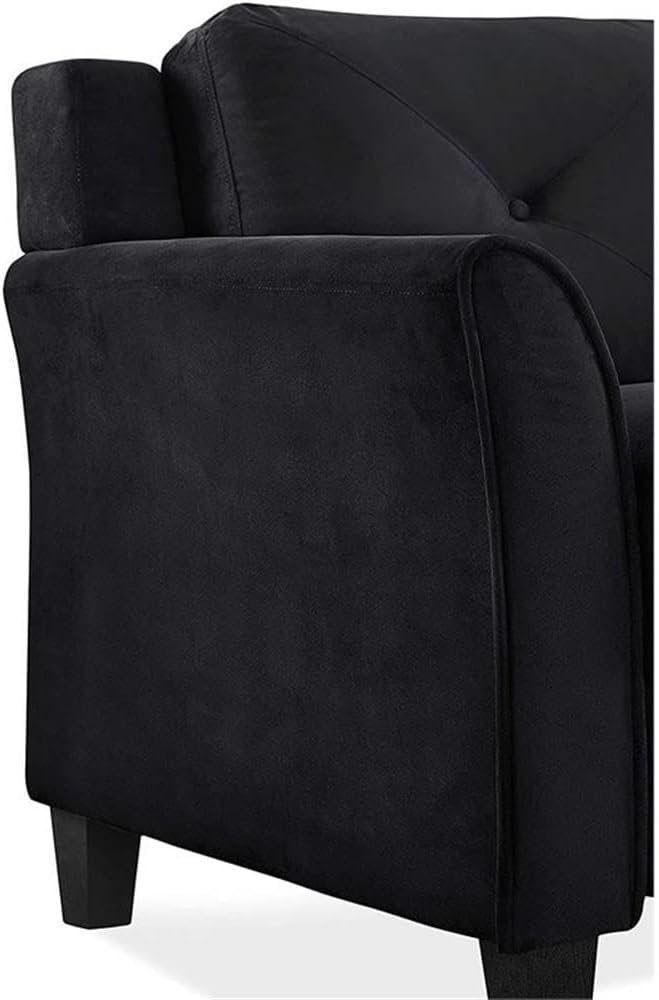 BOWERY HILL Transitional Microfiber Loveseat 56.3 Wide Curved Arms Attached Tufted Cushions Plush Seating Black Finish Solid Wood Frame Compact Living Room or Small Space Furniture