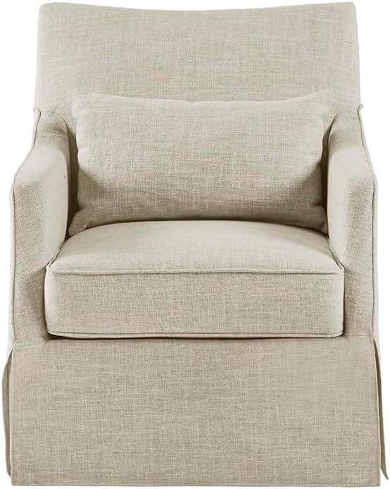 Martha Stewart London Swivel Chair - Solid Wood &amp Plywood Skirted Metal Base Accent Armchair Lumbar Pillow -Modern Classic Family Room Sofa Furniture Bedroom Lounge 28X31.5X35.25 Beige Mult