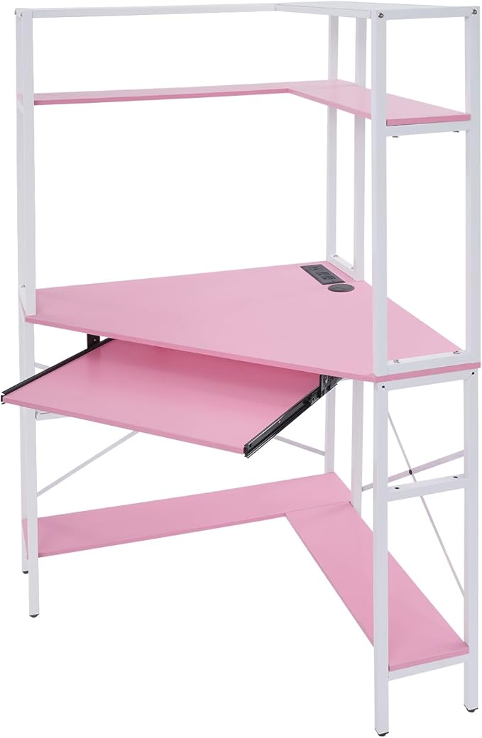 Corner Desk Triangle Corner Computer Desk with 2 USB Ports and 2 AC sockets Small Computer Desk with Hutch and LED Lights ComputerDesk for Small Space Home Office Desk Pink
